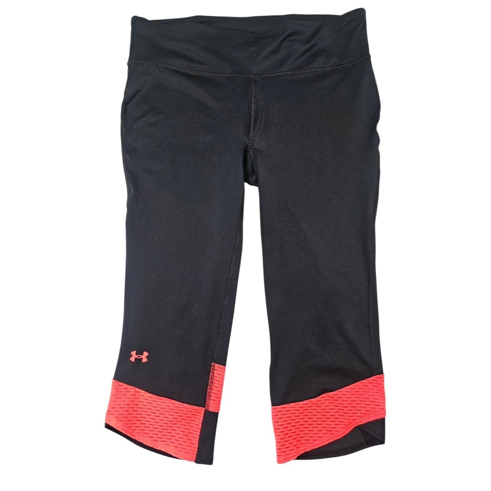 Under Armour Womens HeatGear Capri Leggings Black Pink Zip Tech Pocket Large